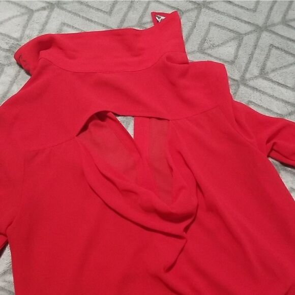 A. Byer Red Jeweled Peek Back Dressy Classy Chic Loose Fit Cute Button Up Blouse - Picture 4 of 5